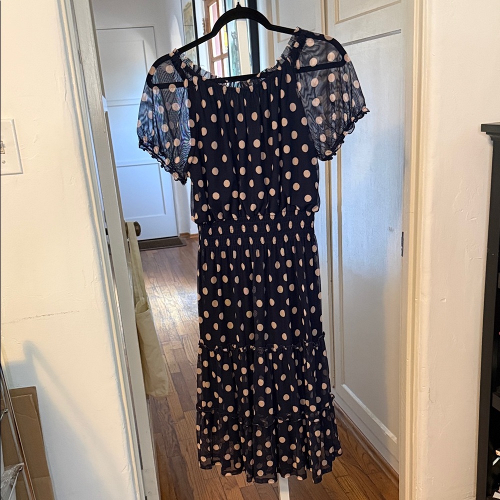 Kate And Lily Navy Polka Dot Midi Dress with Sheer Short Sleeves 6P - Picture 8 of 9